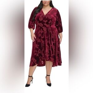 Calvin Klein Plus Size Red Burnout Velvet Floral-Print Wrap Sheer Dress R13C